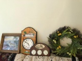 Framed wolf picture, SUNBEAM wall clock, lab themed weather station, wreath