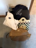 Decorative ottoman with storage, Penn State memorabilia, wall clock, more