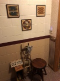 Wall decor,piano stool,vintage corned beef shipping box,more