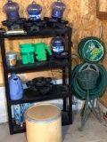 Bird feeder/water/birdbath,plastic shelf unit,garden hoses,planter,broadcasters,more
