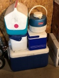 Ice chest, COLEMAN water jug, lunchboxes