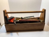 Handcrafted wooden toolbox/contents (hacksaw, square, hammers, more)