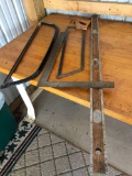 Meat Saw, pruning saw, steel square, wooden 4 foot level