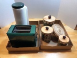 Toaster, paper towel holder, canister set, hot pads
