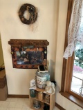 Wall Wreath, oak coat rack(must bring screwdriver), boot cleaner, bushel basket/Decor, poultry