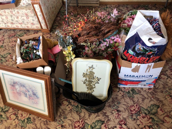 Artifical flowers,stuffed animals,Cabbage Patch Dolls,framed picture,tray,coal bucket/shovel,more