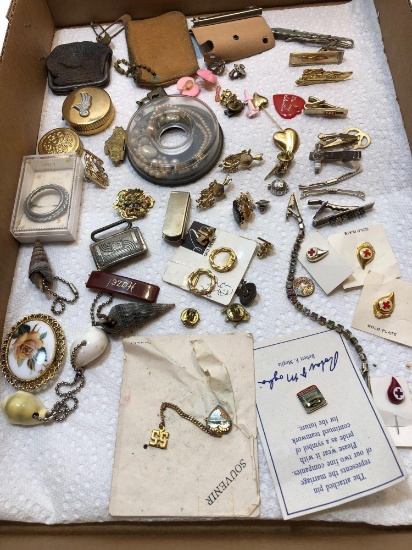 Tie tacks, earrings, pins,brooches, antique change purses, more