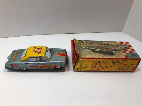 Vintage tin/litho Mechanical ROLL OVER STUNT CAR toy/original box