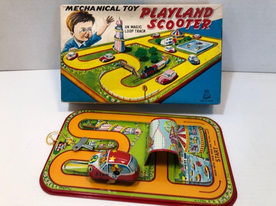 Vintage tin/litho Mechanical PLAYLAND SCOOTER toy/original box