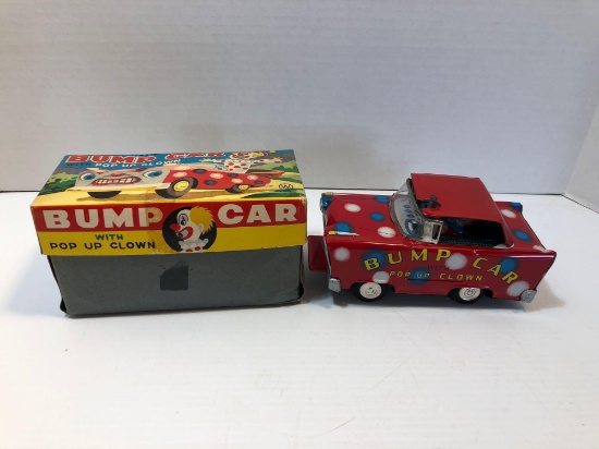 Vintage tin/litho BUMP CAR /Pop Up Clown with original box