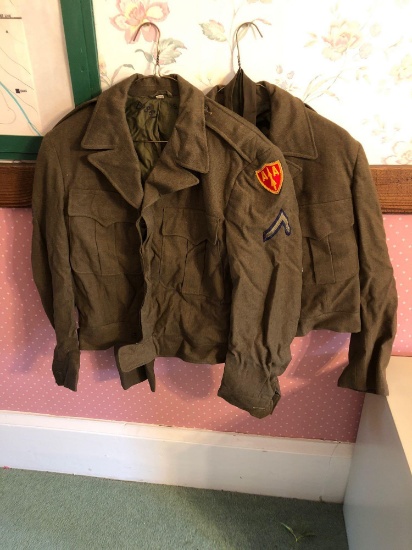 Vintage military uniforms/military patches(2-wool jackets/ties;size unknown)