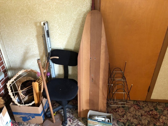 Rolling chair,wooden ironing board,steam iron,projector screen,baskets,racks,more