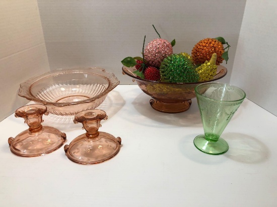 Depression glass lot(candlesticks, centerpiece bowl, bowl, vase)/vintage glass fruit