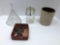 Glass funnel,small crock,vintage spring top jar,more