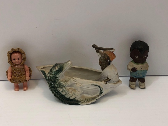Black Americana;boy fighting alligator out of boat,ceramic black boy plastic doll baby