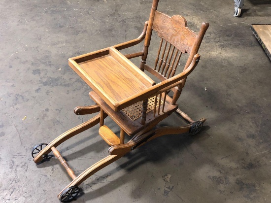 Antique pressed back cane seat adjustable child's stroller/high chair
