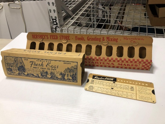 Vintage cardboard egg containers (Hershey's feed store-Myerstown PA) KIMBER CHIK poultry calculator