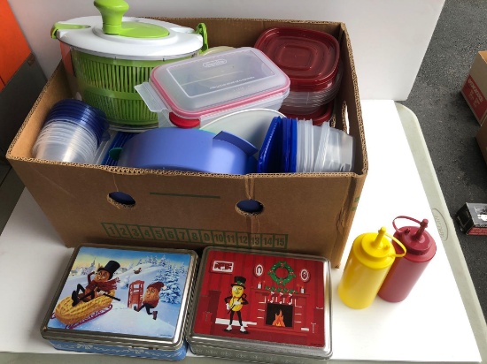 Salad spinner, plastic storage containers, Mr. peanut collectible tins, plastic mustard catchup