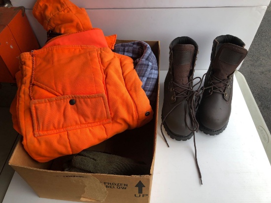 Field and stream boots (size 10), hunting jacket, gloves, more