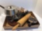 Wooden rolling pin, fondue set, stoneware soup crocks