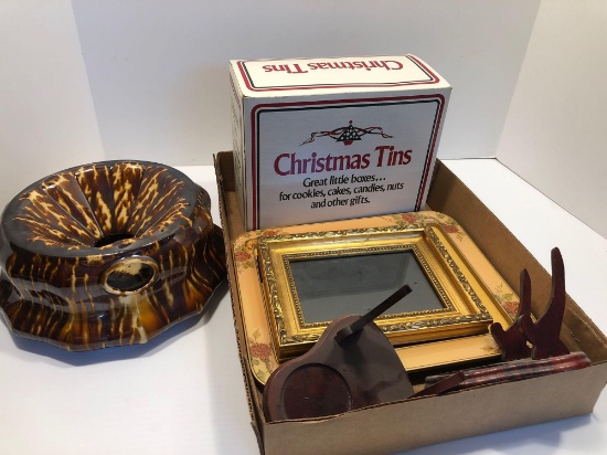 Christmas tins, picture frames, plate stands,signed BENNINGTON WARE spittoon,more