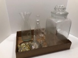Sherry decanter/stemware glasses, vase, cookie jar, more