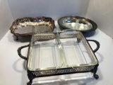 FIRE KING casserole dishes/silver plated cradle, GLASBAKE relish server/silver plated cradle, silver