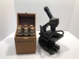 SWIFT microscope,vintage Vitamin Chest/vials