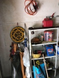 Golf clubs/bag, flags/Pole, dartboard, battery jumper cables, metal shelf (bring screwdriver) gas