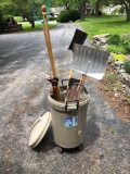 Garbage can/tools (flat shovel, snow shovel, sledgehammer, axe, saw, more)