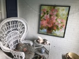 White wicker heart shaped chair, white wicker corner stand/seashells and knickknacks, painting