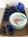 Blue glass pitcher/glasses,plates,more