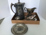 Silver plate lot(Pitcher,gravy boats,pewter plate,more)