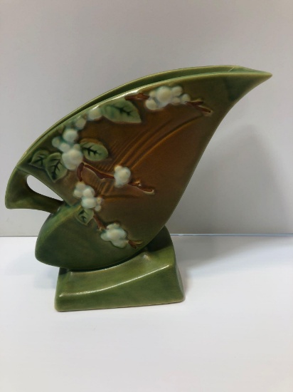 ROSEVILLE Pottery Green Snowberry 7 Inch Handled Vase Marked IFH-7