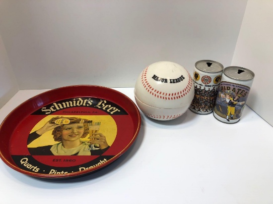 Vintage SCHMIDTS BEER tray,2- vintage Iron City beer cans,baseball themed music box/keepsake