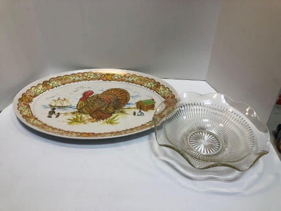 Glass centerpiece bowl(chipped;photoed), Thanksgiving serving platter