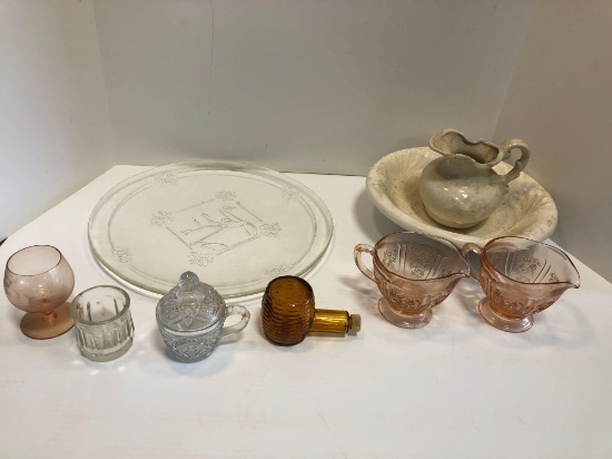 2 depression glass creamer's, stoneware pitcher/bowl, more