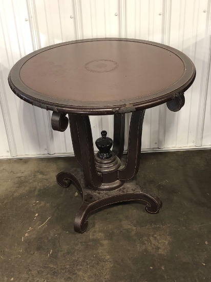 Vintage Leather/vinyl round table(outside edges show peeling;photoed)