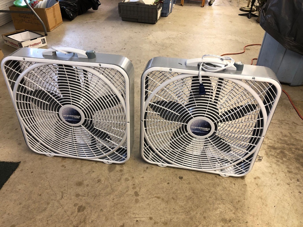 2 matching LASKO WEATHERSHIELD box fans 