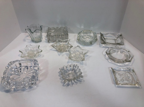 Glass ashtrays,glass candlesticks,glass keepsake/kid,small vase