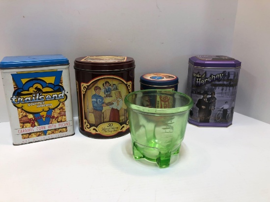 Collectible tins ,depression glass measure cup