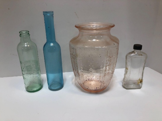 Depression glass vase,vintage bottles, vintage COCA COLA bottle