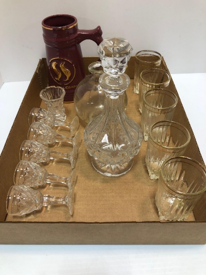 Decanter/matching stemware, juice glasses, toothpick holders,vase