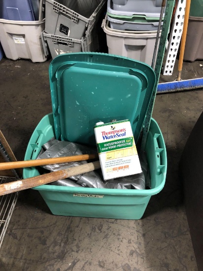 Axe handles, tarp, Thompson's weatherseal (partial) tote/lid, Putter, yardstick,more (cannot ship