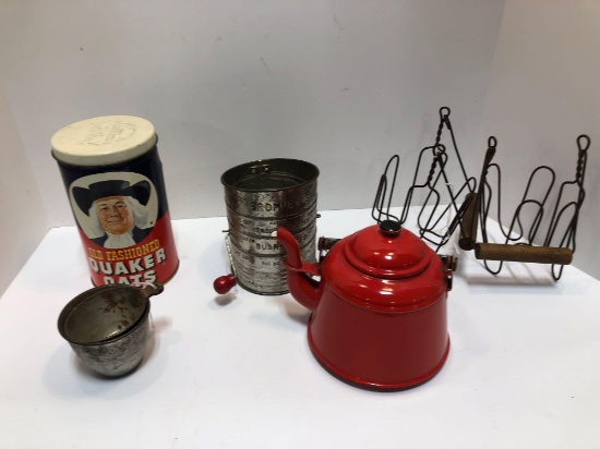 Metal QUAKER OATS tin,sifter,tin cups,enamel teapot,canning jar lifters