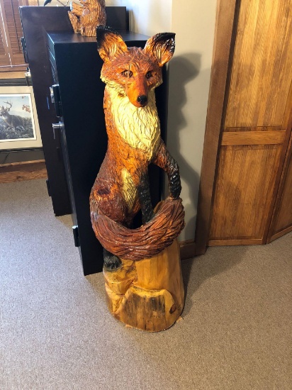 Hand carved wooden red fox statue