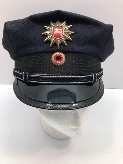 Vintage GERMAN POLICE visor hat/metal insignia and blue ribbon