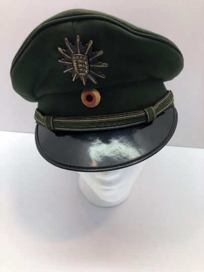 Vintage GERMAN GREEN POLICE visor hat/metal insignia and leather band