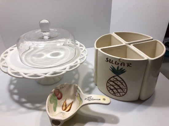 Footed cake stand,stoneware canisters,gravy separater