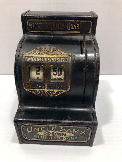 Antique metal UNCLE SAM'S 3 coin Register bank